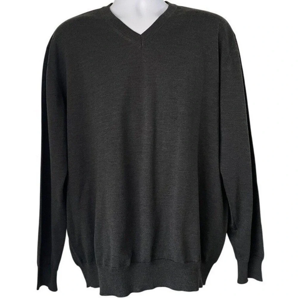 Italian Merino Wool Sweater XXL Gray V Neck Minimalist‎ Classic